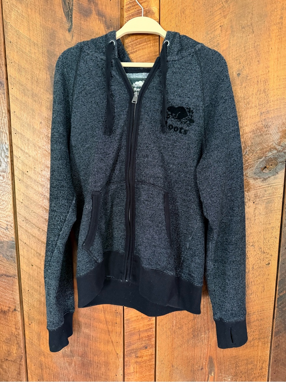 Roots Black Heather Logo Zip-Up Hoodie Lounge Wear Size S